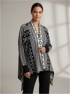 Maddison Aztec Southwestern Print Fringe Cardigan Wrap Sweater Black White Boho